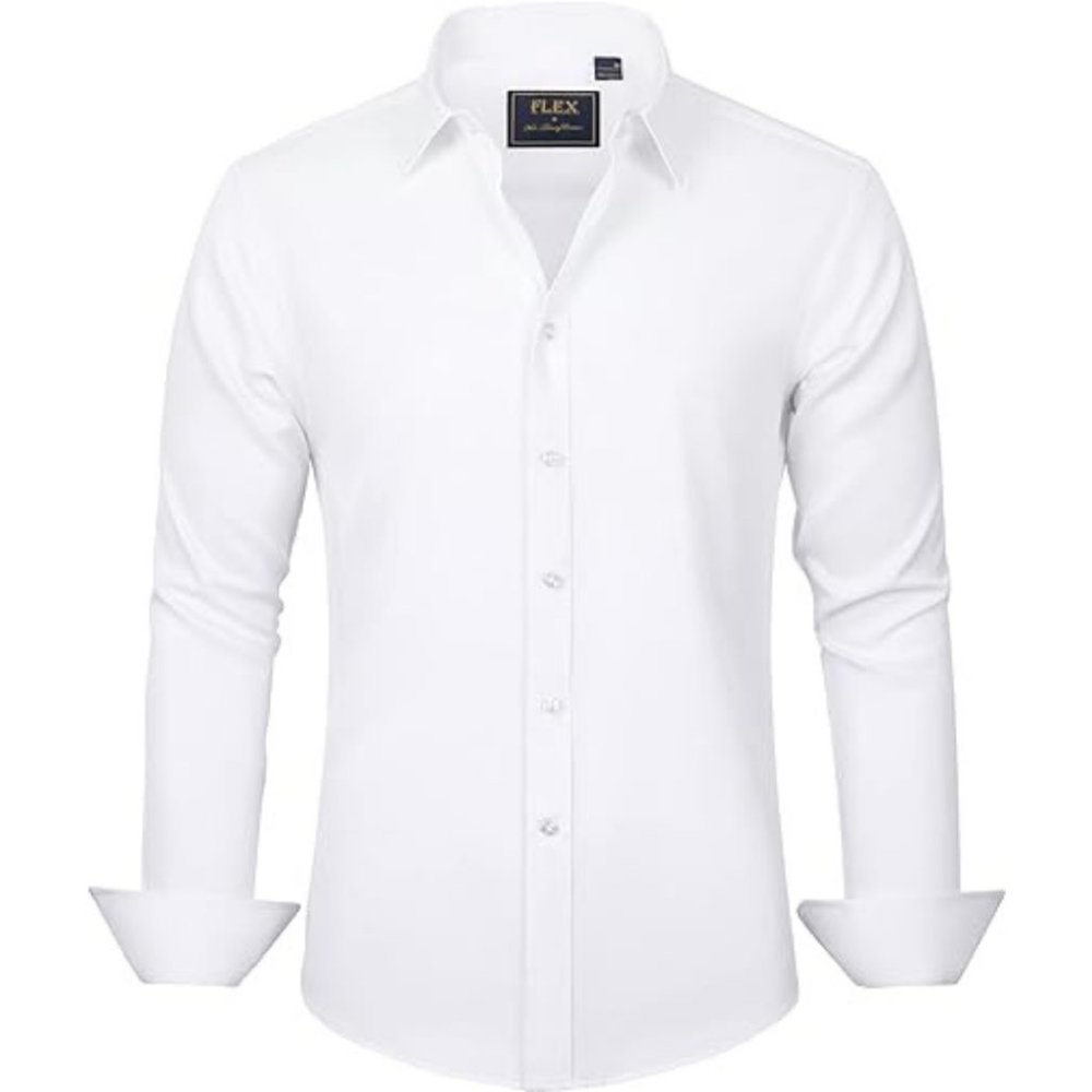 Men's White Imported Long Sleeve Stretch Shirt Casual Button Down Dress Shirts